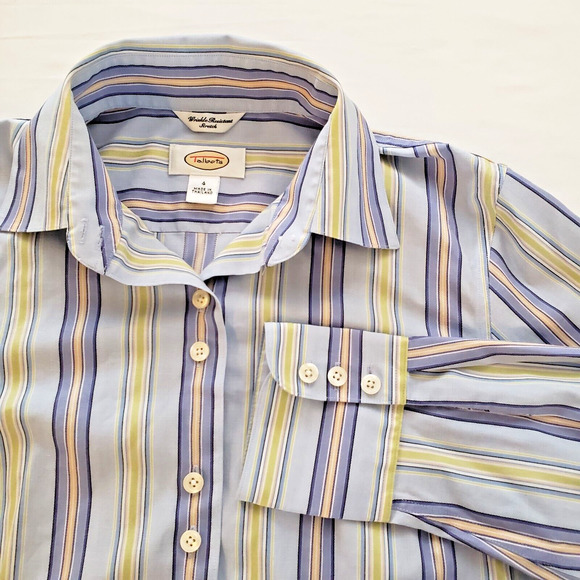 Talbots Tops - Talbots Long Sleeve Button Up Top Green Blue Striped Stretchy Career Size 4